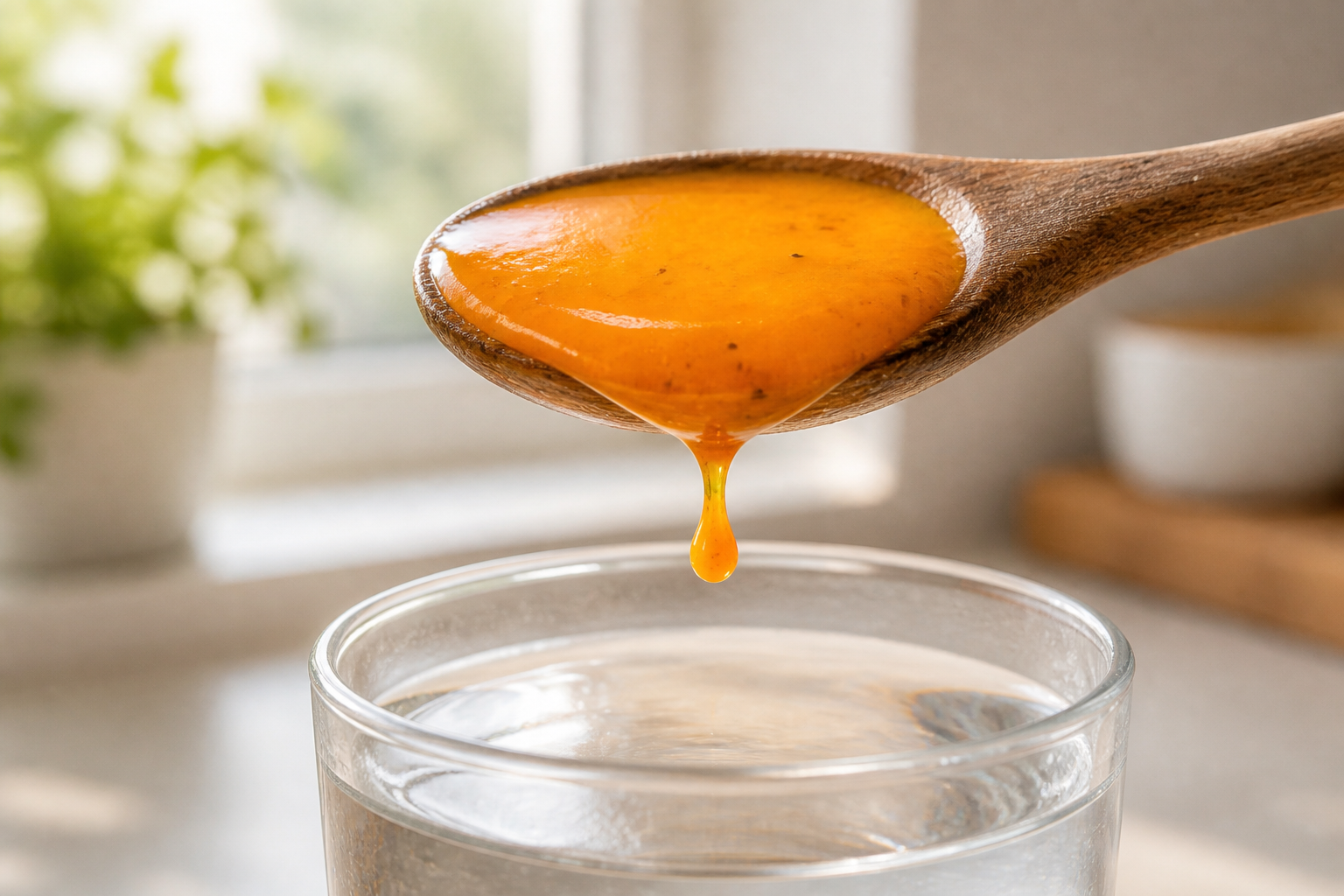 A wooden spoon holding an orange kitchen mixture over a glass of warm water
